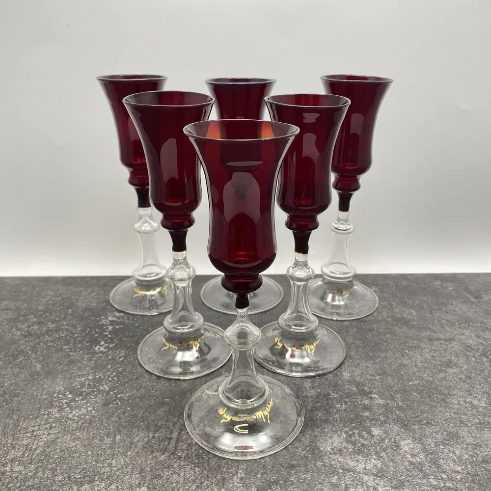Vintage Set 6 Ruby Red Handblown Champagne Glasses Wayne E Myers 6.75